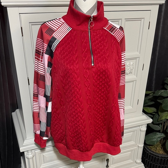 Unbranded Sweaters - Red Quarter-Zip Sweater with Patterned Sleeves Size XL